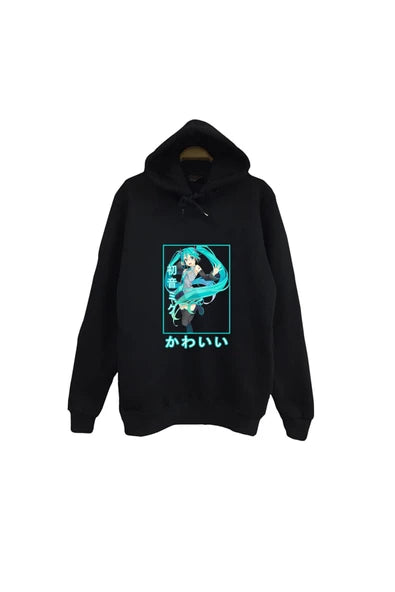 fame-stoned Hatsune Miku Anime Baskılı Unisex %100 Pamuk Siyah Kapüşonlu Sweatshirt