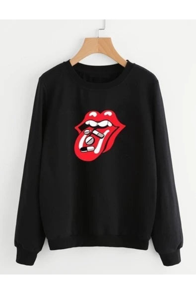 Rollıng Stones baskılı siyah sweatshirt