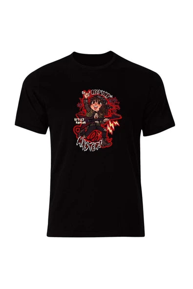 fame-stoned Stranger Things Baskılı Unisex %100 Pamuk Siyah T-shirt