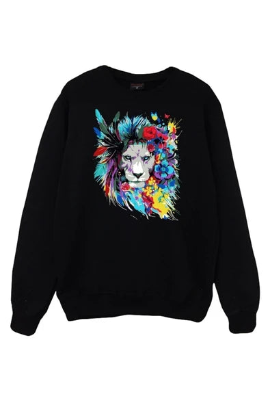 Aslan Renkli cicek ve tuylerle baskılı siyah sweatshirt