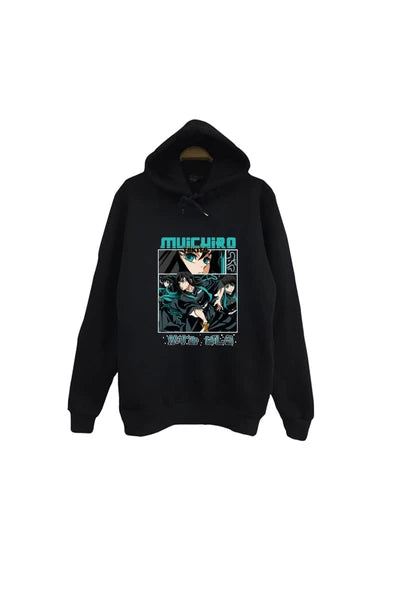 Demon Slayer Muichiro Tokito Kimetsu no Yaiba baskılı siyah kapüşonlu sweatshirt