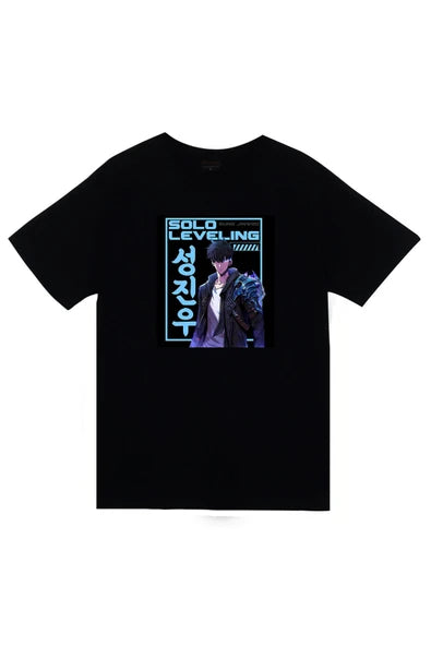 fame-stoned Solo Leveling Sung Jin Woo Anime Baskılı Unisex %100 Pamuk Siyah T-shirt
