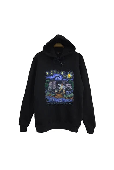 fame-stoned Vincent Van Gogh Baskılı Unisex %100 Pamuk Siyah Kapüşonlu Sweatshirt
