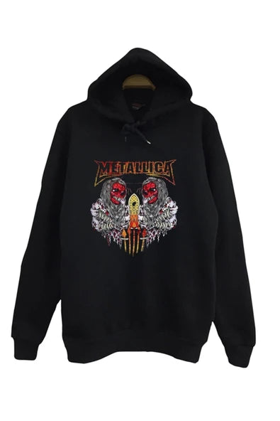 Metallica Kanatli kurukafa baskılı siyah kapüşonlu sweatshirt