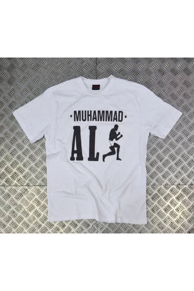 fame-stoned Muhammed Ali Baskılı Unisex %100 Pamuk Beyaz T-shirt