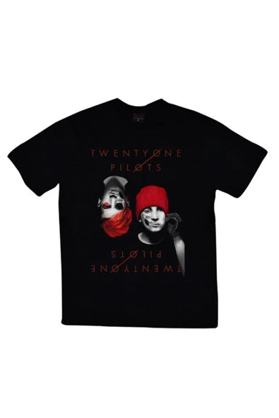 Twenty One Pilots Ikili portre ve ayna baskılı siyah tişört