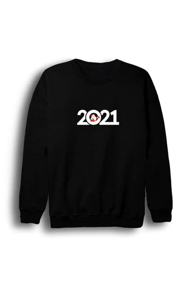 Unisex Siyah 2021 Yeni Yıl yazısının sıfırında kırmızı baskılı siyah sweatshirt
