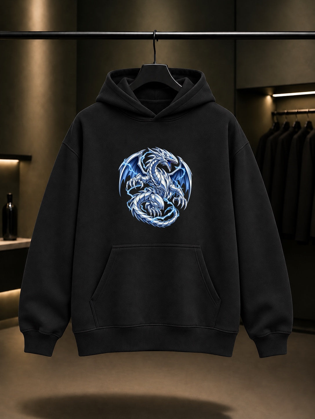 Yu-Gi-Oh Blue-Eyes White Dragon Kapüşonlu Sweatshirt Siyah