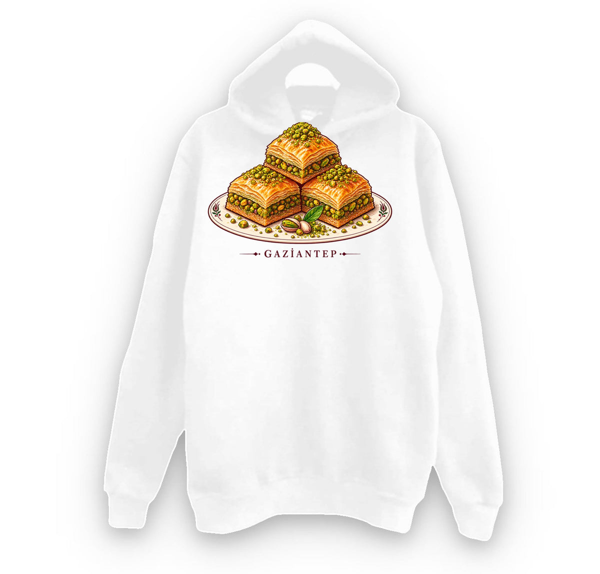 Gaziantep Antep Baklavası baskılı beyaz kapüşonlu sweatshirt