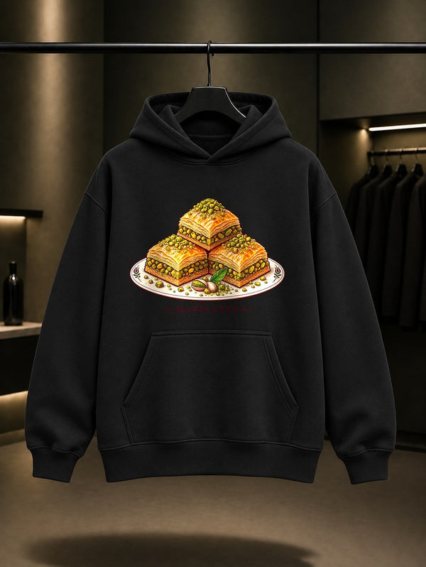 Gaziantep Antep Baklavası baskılı siyah kapüşonlu sweatshirt