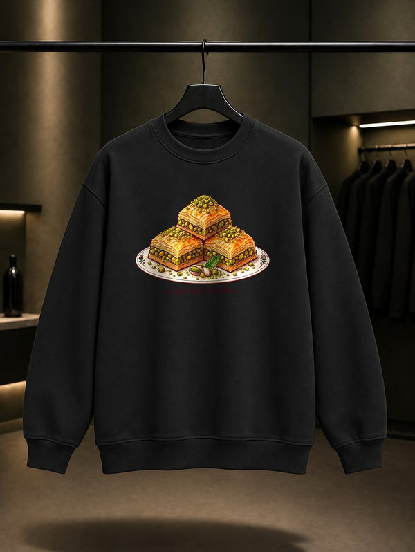 Gaziantep Antep Baklavası baskılı siyah sweatshirt