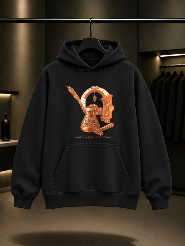 Gaziantep Bakırcılar Çarşısı baskılı siyah kapüşonlu sweatshirt