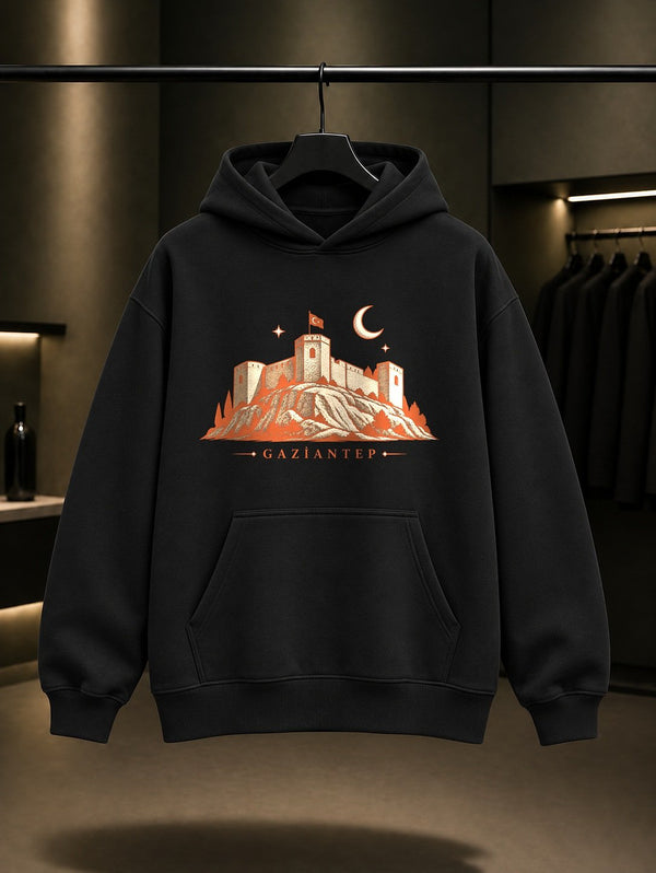 Gaziantep Kalesi baskılı siyah kapüşonlu sweatshirt