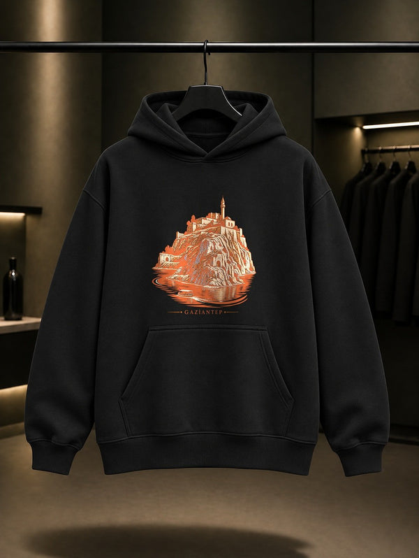 Gaziantep Rumkale baskılı siyah kapüşonlu sweatshirt