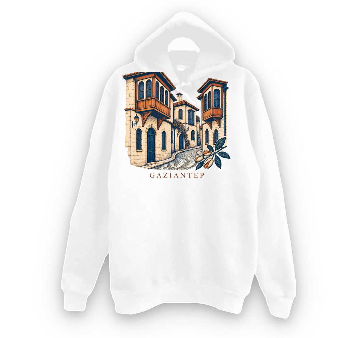 Gaziantep Tarihi Antep Evleri baskılı beyaz kapüşonlu sweatshirt