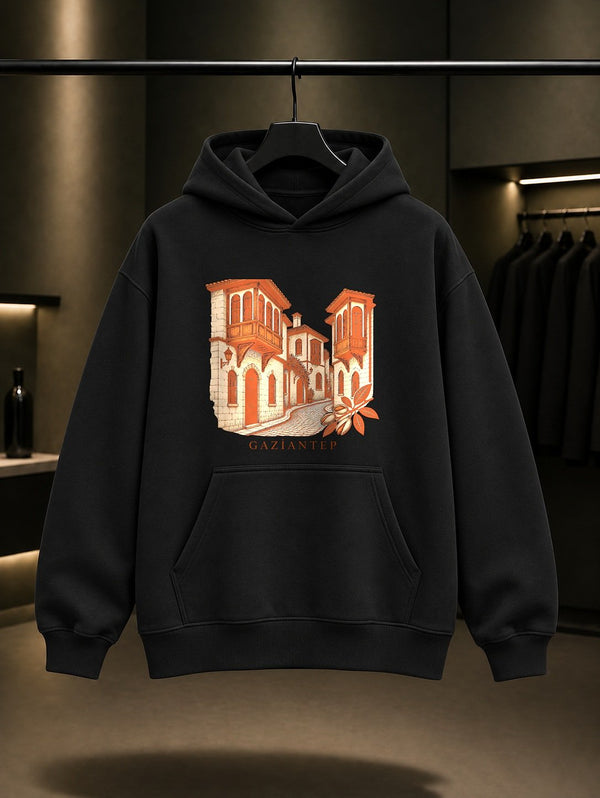 Gaziantep Tarihi Antep Evleri baskılı siyah kapüşonlu sweatshirt