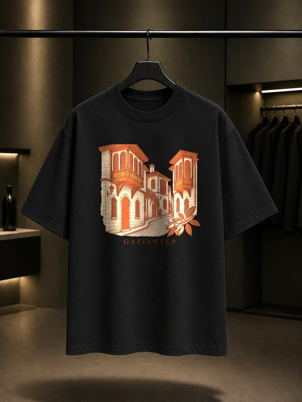 Gaziantep Tarihi Antep Evleri baskılı siyah t-shirt