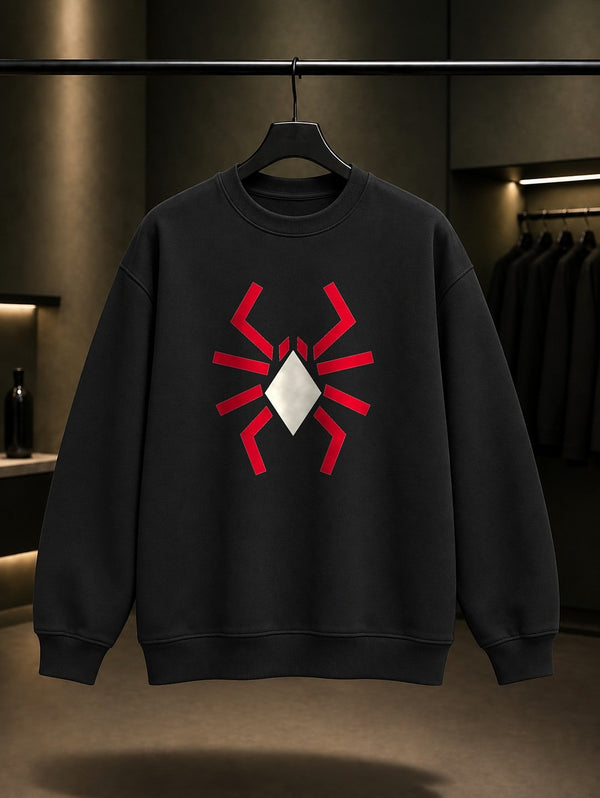 Geometrik Örümcek baskılı siyah sweatshirt