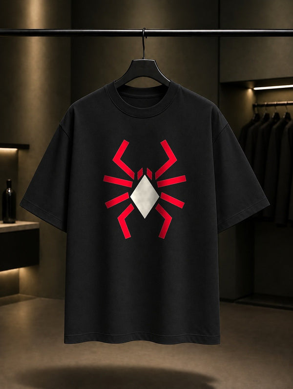 Geometrik Örümcek baskılı siyah t-shirt