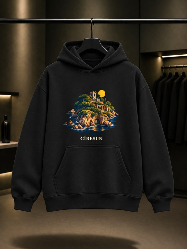 Giresun Adası baskılı siyah kapüşonlu sweatshirt