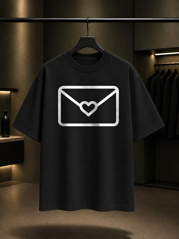 Kalpli Zarf Minimal Baskılı Unisex %100 Pamuk T-shirt — Siyah