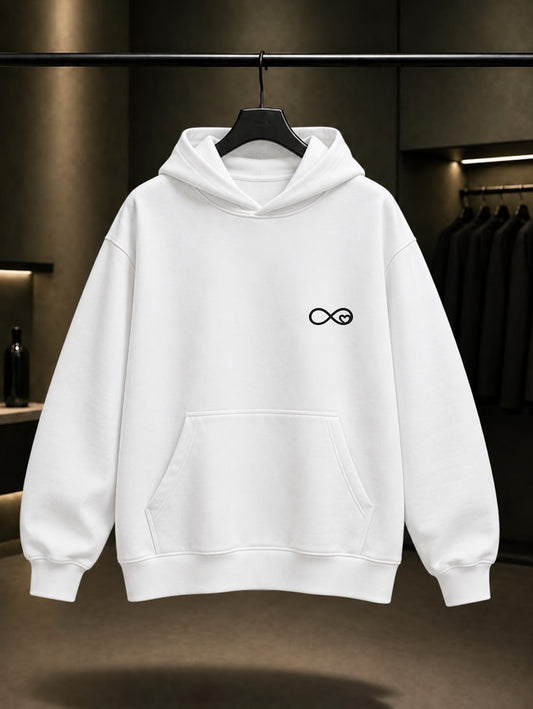 Sonsuz Bağ Minimal Baskılı Unisex %100 Pamuk Kapüşonlu Sweatshirt — Beyaz