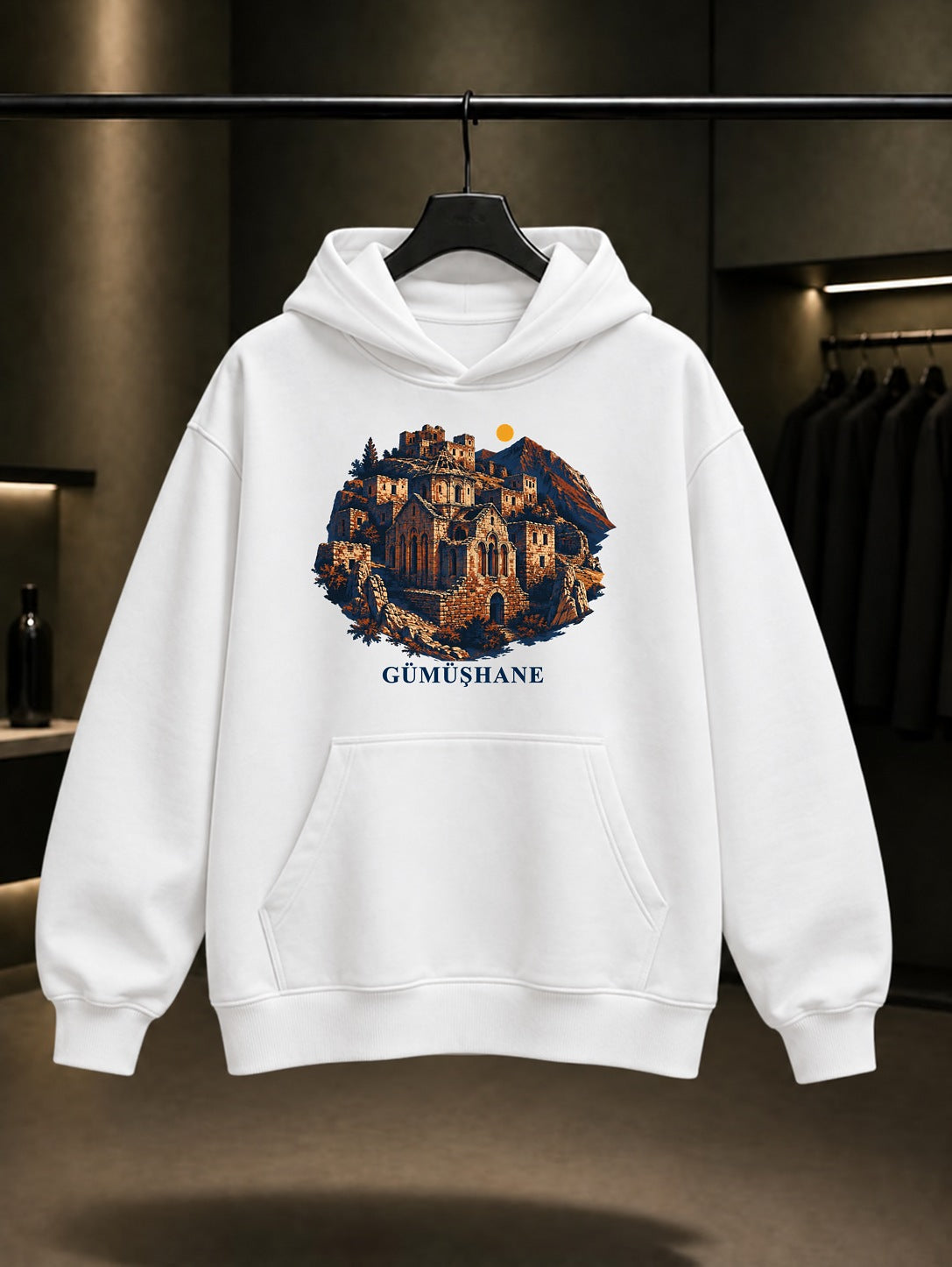 Gümüşhane Santa Harabeleri baskılı beyaz kapüşonlu sweatshirt