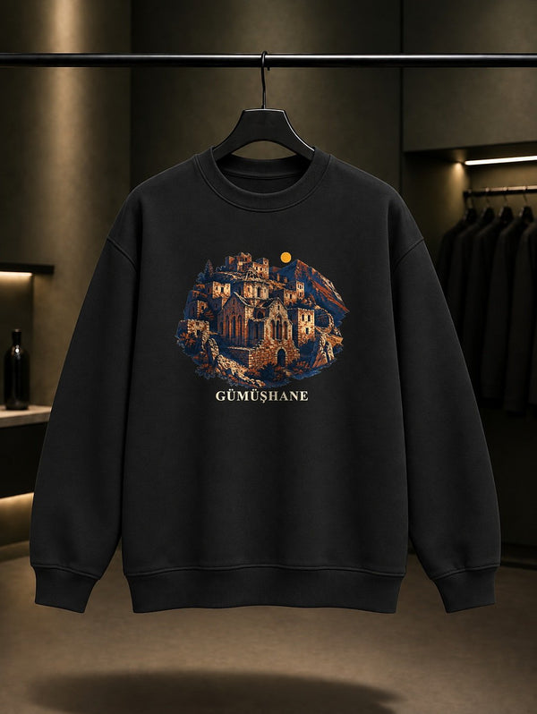 Gümüşhane Santa Harabeleri baskılı siyah sweatshirt