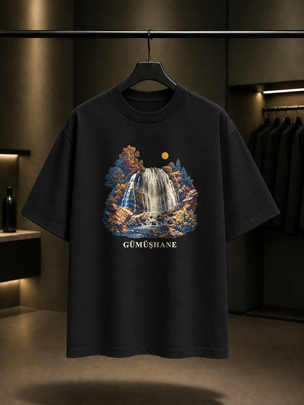 Gümüşhane Tomara Şelalesi baskılı siyah t-shirt