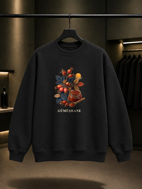 Gümüşhane Kuşburnu baskılı siyah sweatshirt