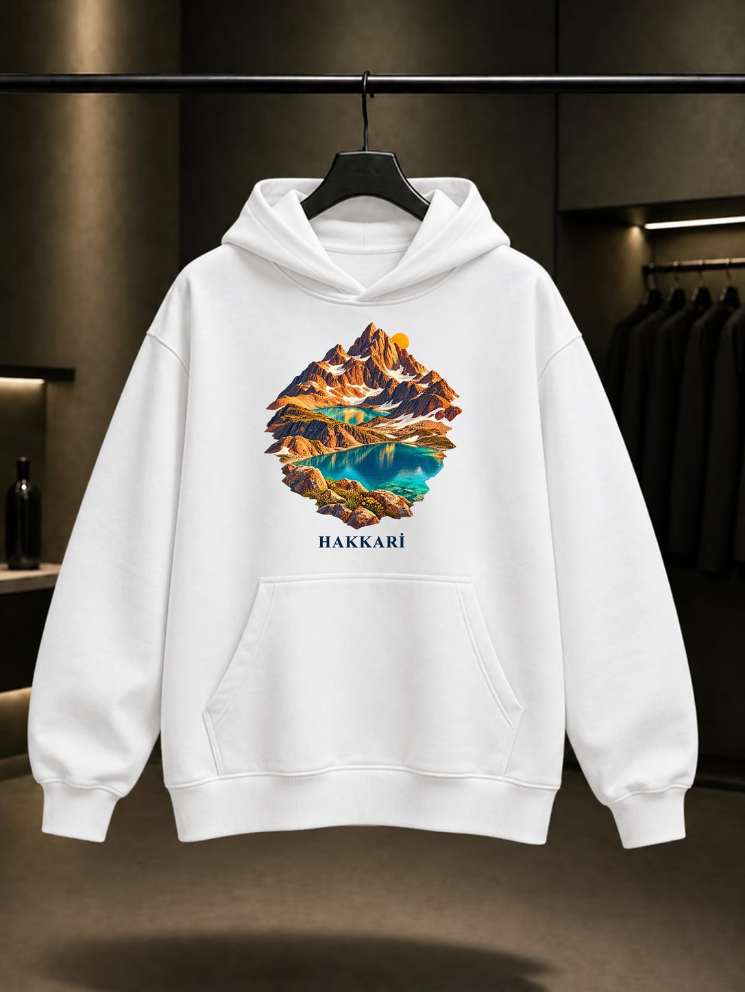 Hakkari Sat Buzul Gölleri baskılı beyaz kapüşonlu sweatshirt