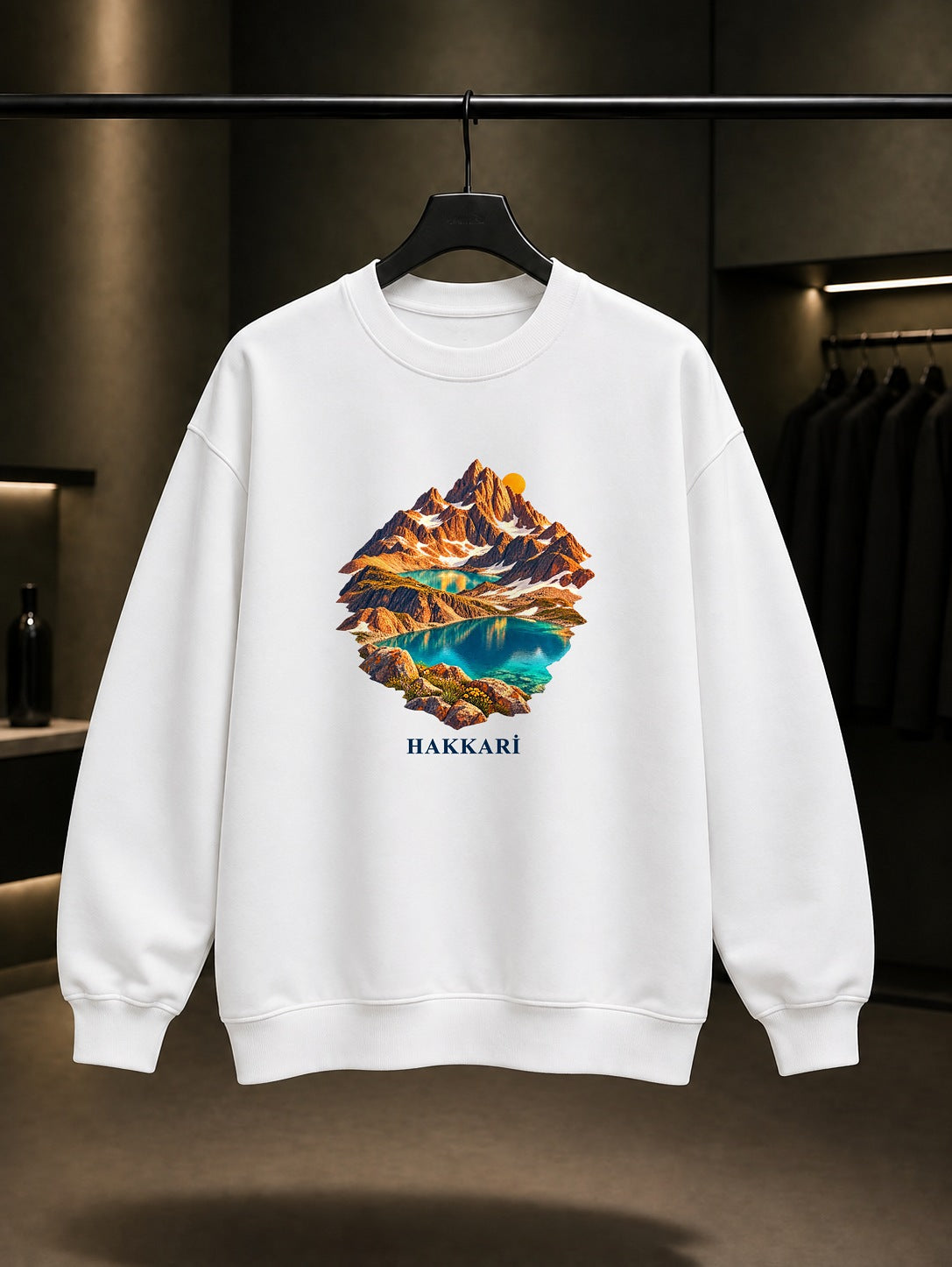 Hakkari Sat Buzul Gölleri baskılı beyaz sweatshirt