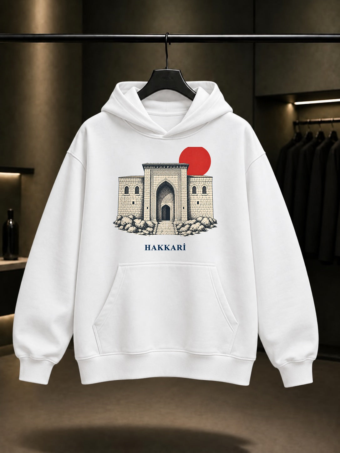 Hakkari Meydan Medresesi baskılı beyaz kapüşonlu sweatshirt