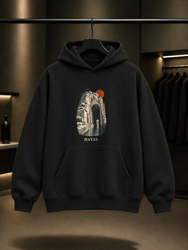 Hatay Titus Tüneli baskılı siyah kapüşonlu sweatshirt