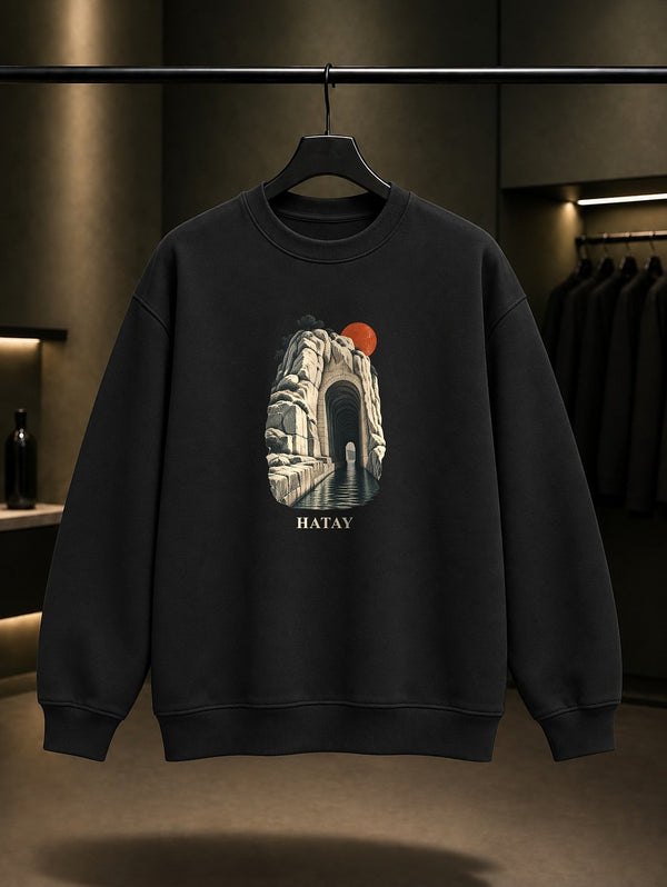 Hatay Titus Tüneli baskılı siyah sweatshirt