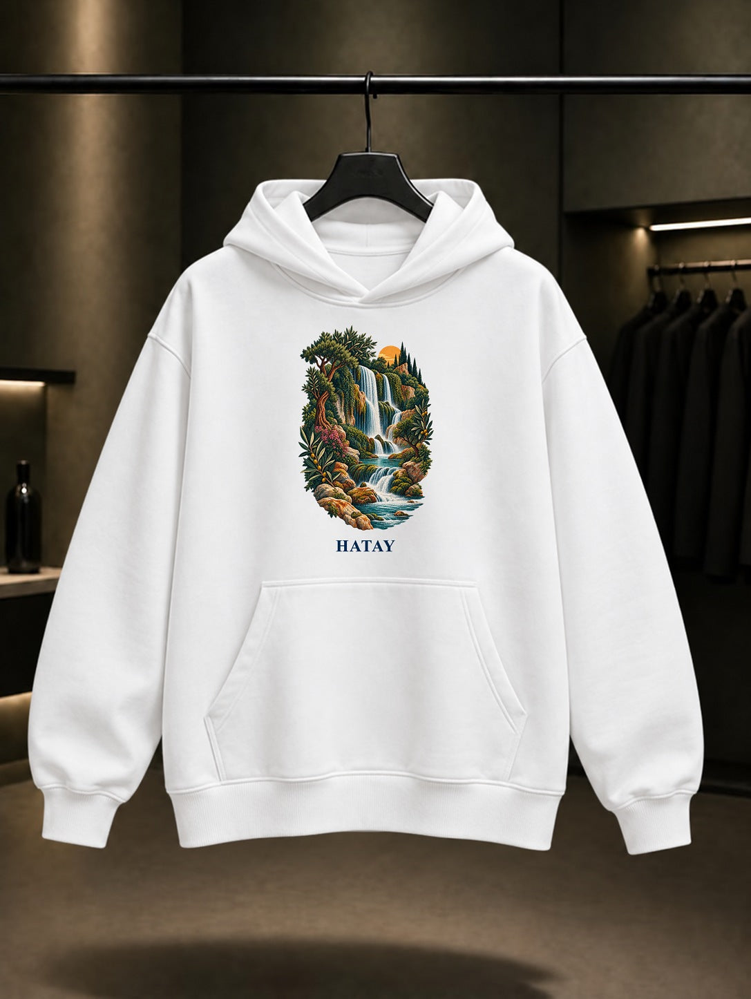 Hatay Harbiye Şelaleleri baskılı beyaz kapüşonlu sweatshirt