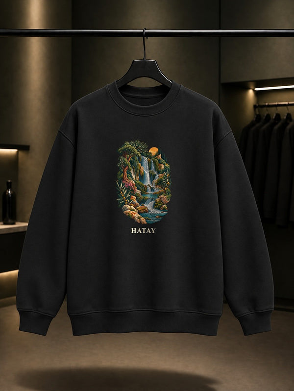 Hatay Harbiye Şelaleleri baskılı siyah sweatshirt