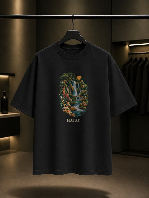 Hatay Harbiye Şelaleleri baskılı siyah t-shirt