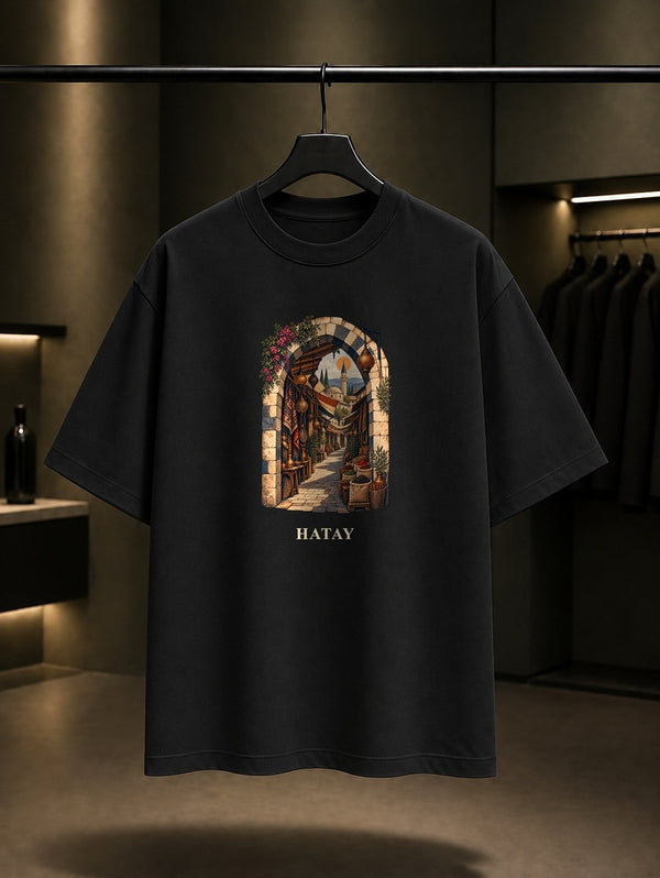 Hatay Uzun Çarşı baskılı siyah t-shirt