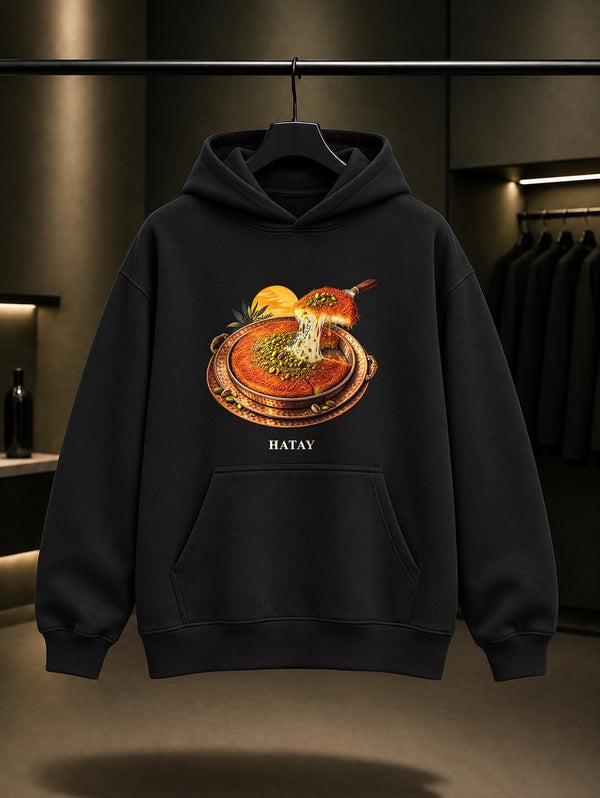 Hatay Künefe baskılı siyah kapüşonlu sweatshirt