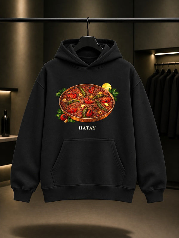 Hatay Tepsi Kebabı baskılı siyah kapüşonlu sweatshirt