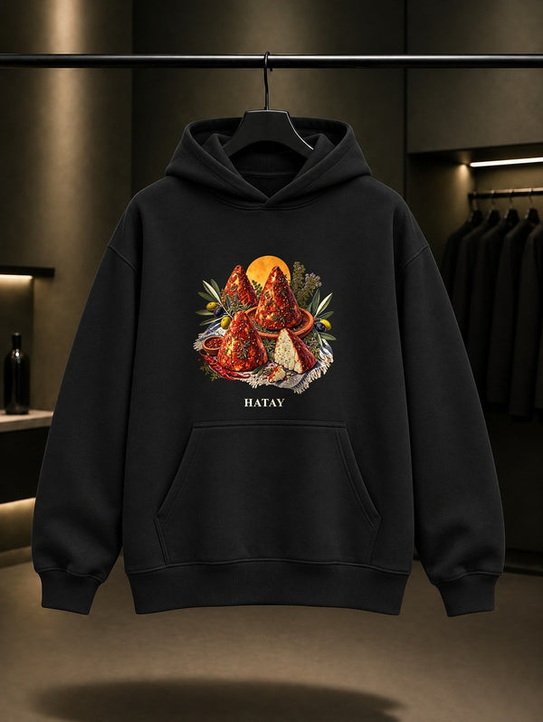 Hatay Sürk baskılı siyah kapüşonlu sweatshirt