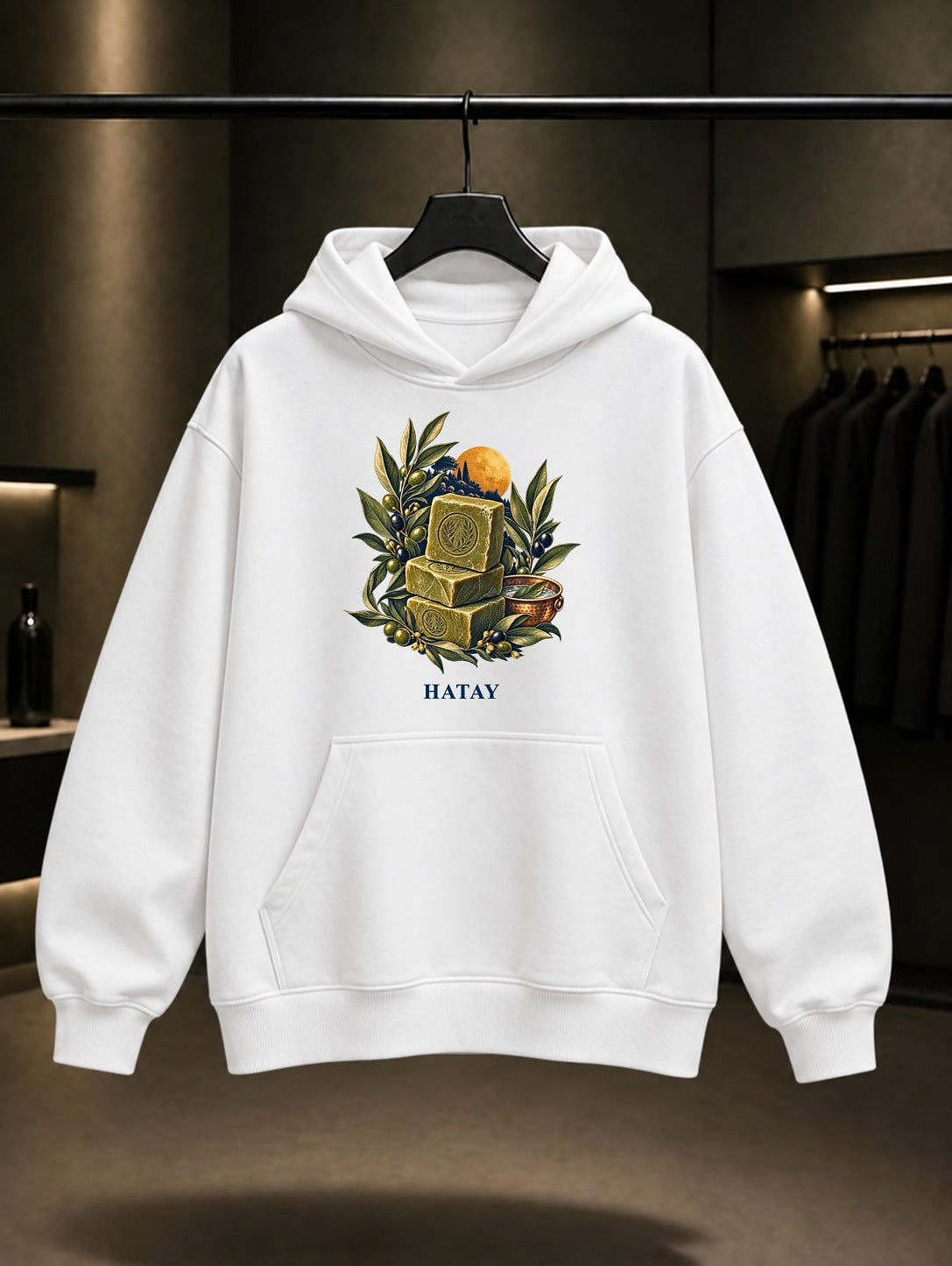 Hatay Defne Sabunu baskılı beyaz kapüşonlu sweatshirt