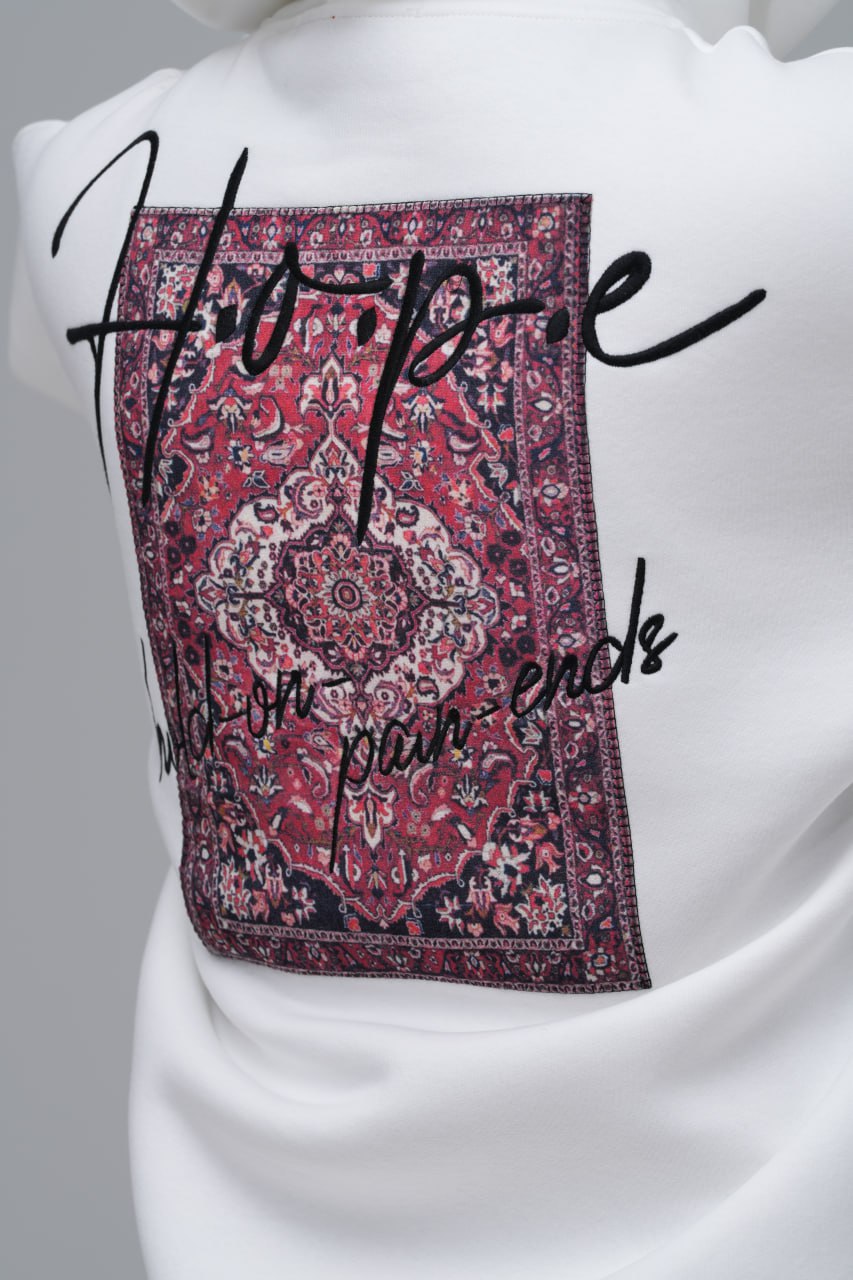 Hope Motif Baskılı Nakışlı %100 Pamuk Kapüşonlu Unisex Oversize Beyaz Sweatshirt