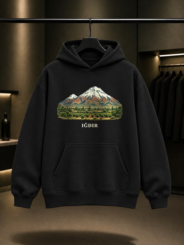 Iğdır Ağrı Dağı baskılı siyah kapüşonlu sweatshirt