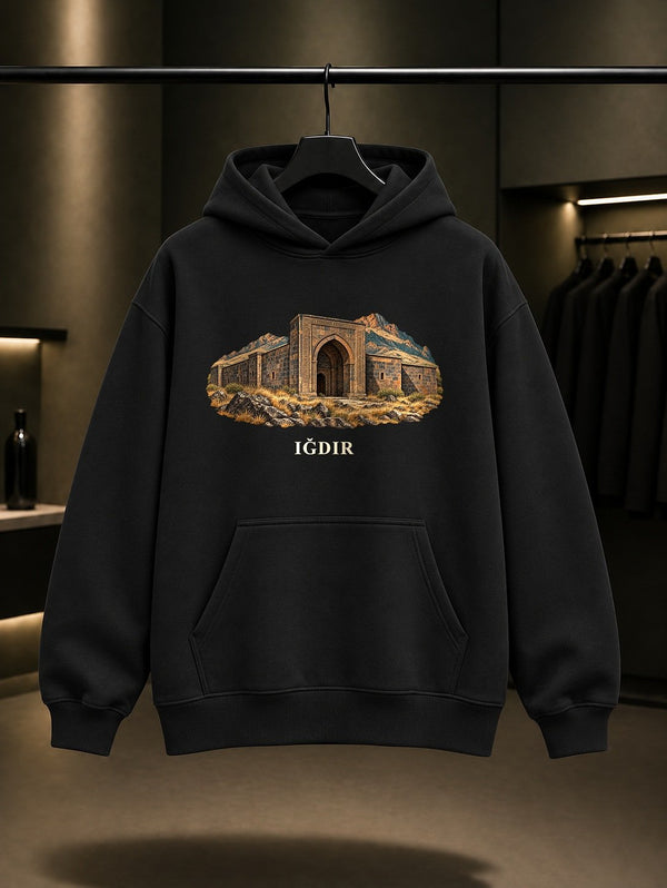 Iğdır Harmandöven baskılı siyah kapüşonlu sweatshirt