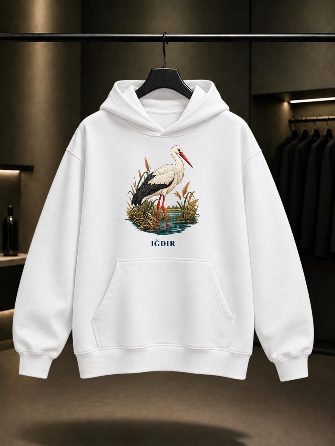 Iğdır Aras Leylek baskılı beyaz kapüşonlu sweatshirt