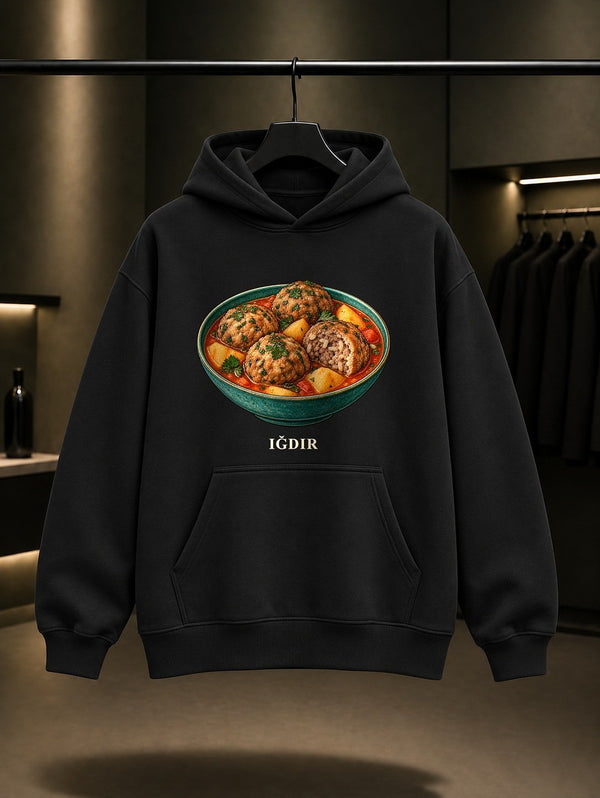 Iğdır Taş Köfte baskılı siyah kapüşonlu sweatshirt