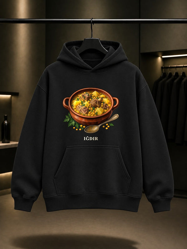 Iğdır Bozbaş baskılı siyah kapüşonlu sweatshirt