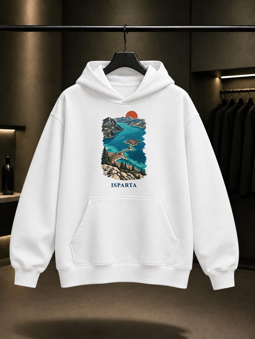 Isparta Eğirdir Gölü baskılı beyaz kapüşonlu sweatshirt